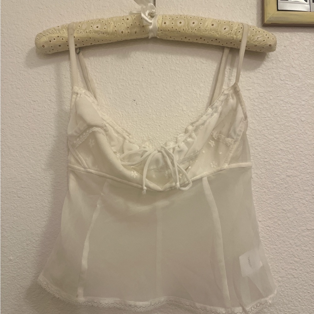 UNIF Cream Sheer Lace-Trim Cami with Tie Front